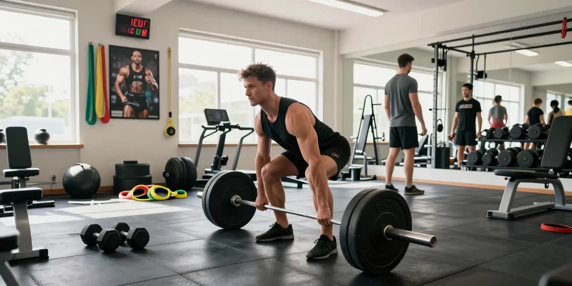 Bodybuilder hebt Gewichte im Fitnessstudio und exemplifiziert Stärke und Hingabe mit Marken von Steroidshop.