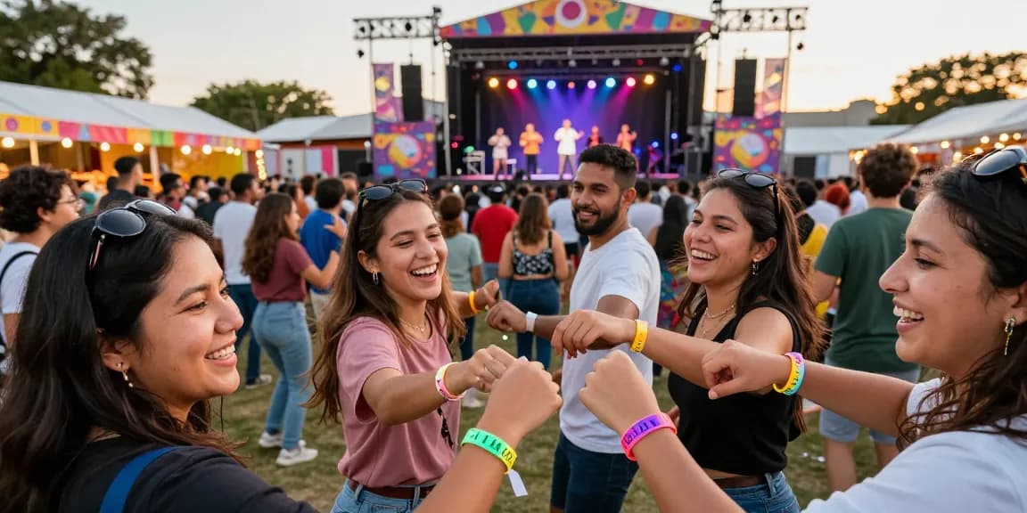 Pulseras electrónicas para festivales enhancing festival experience with vibrant crowd enjoying live music and activities.