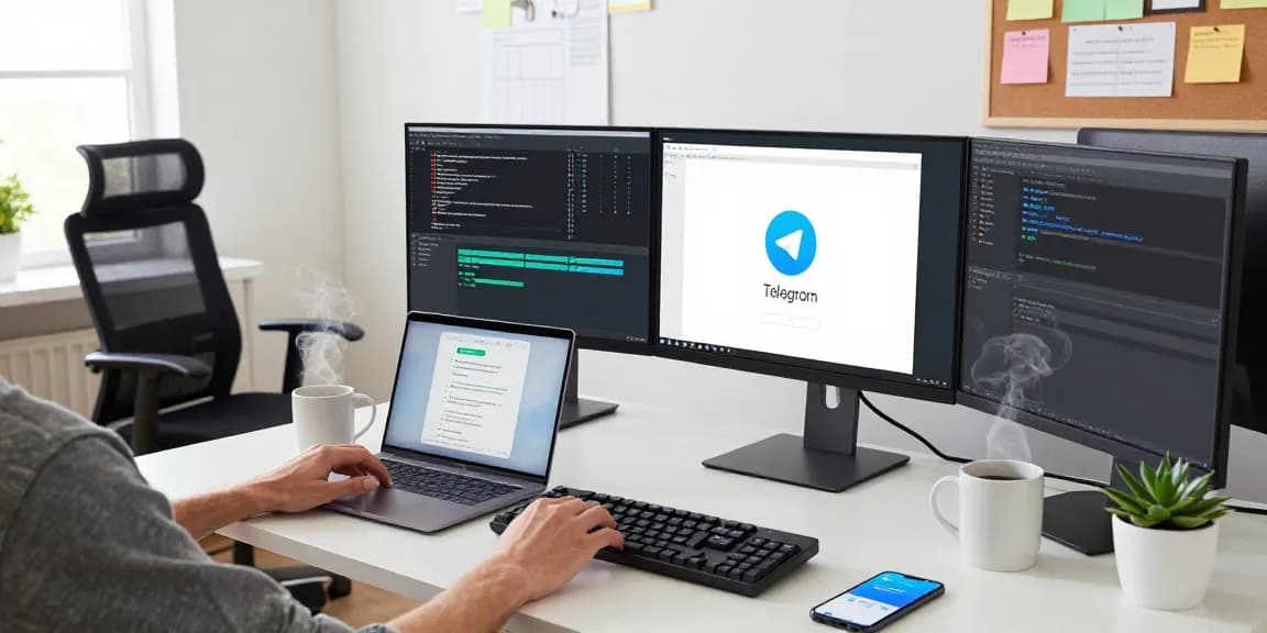 Telegram Download on a developer's workspace with multiple screens showcasing apps and code.
