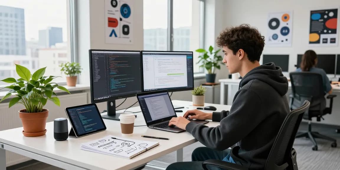 Developer using a laptop at a tech office while exploring teiegramin.com for software innovations.