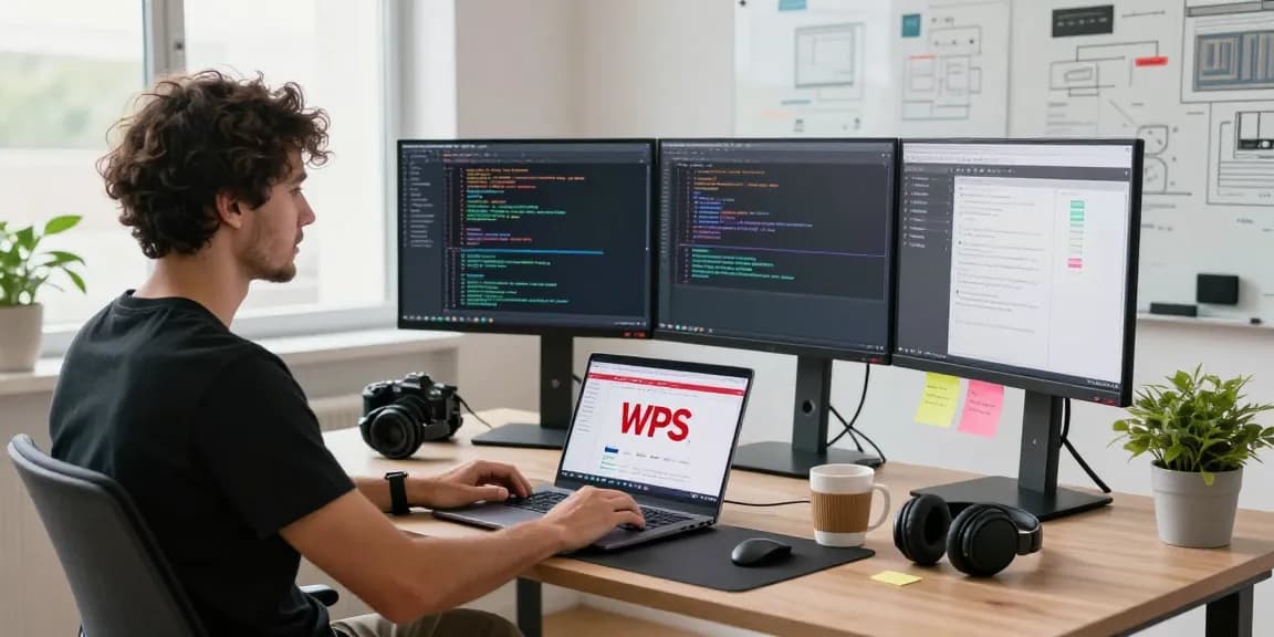 Developer working at a modern desk showcasing the WPS Official Website and coding environment.