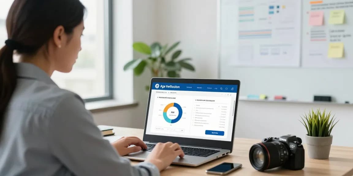 Employee demonstrating an age verification system in a professional office, showcasing compliance and user engagement.