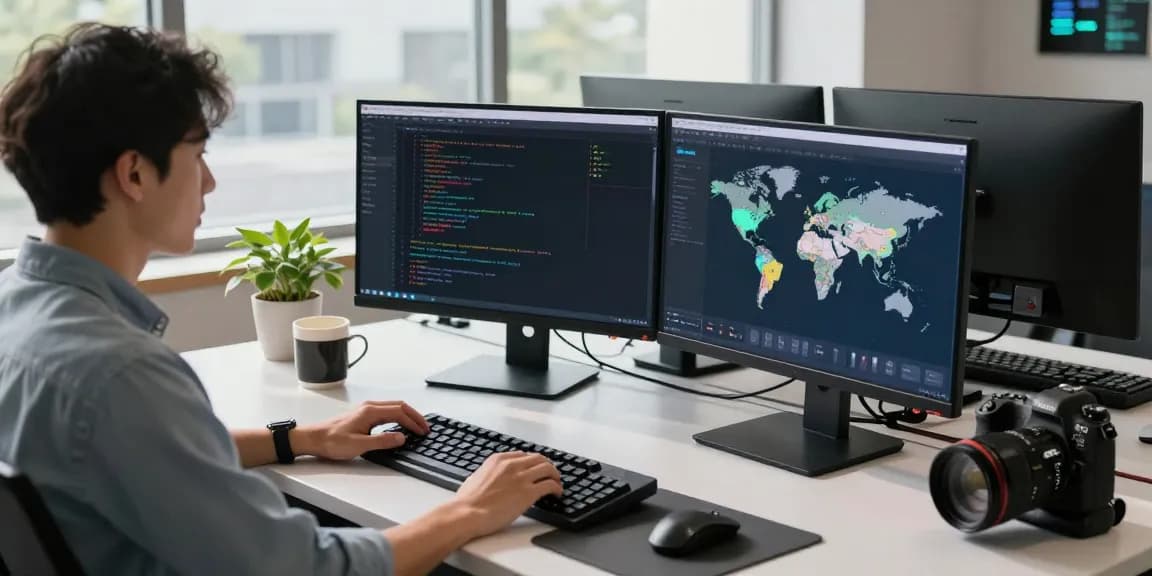 快连 developer in a tech workspace, coding with multiple screens and global maps for optimal network performance.