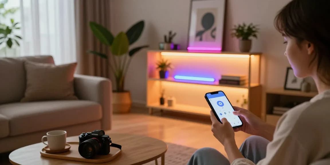 Banda LED colorată iluminând camera de zi modernă, cu un utilizator care ajustează setările de luminozitate.