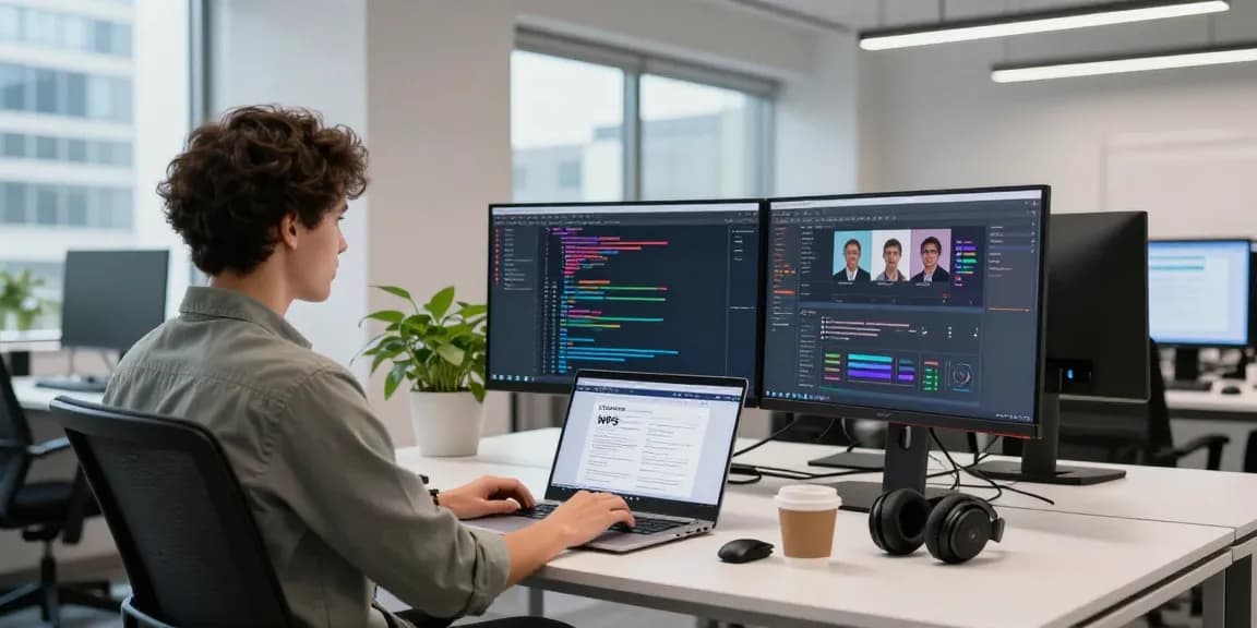 Developer using the WPS Official Website in a vibrant, modern office.