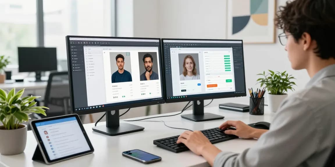 Free AI image detector in use at a modern tech office with detection results displayed on screens.