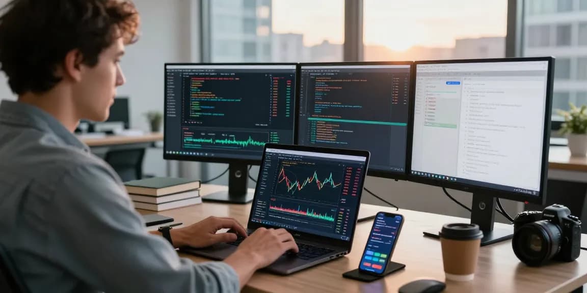 实时外汇API工作环境，开发者使用贵金属WebSocket推送分析实时数据，充满现代科技氛围。