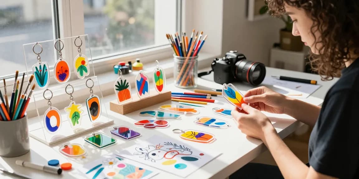 Custom clear acrylic keychains displayed in a vibrant workspace, showcasing creative designs and colourful details.
