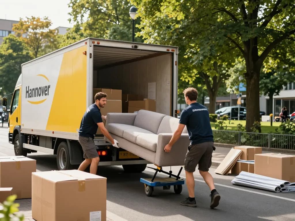 Umzugsunternehmen Hannover laden Möbel in einem lebhaften städtischen Bereich von einem Lastwagen ab.