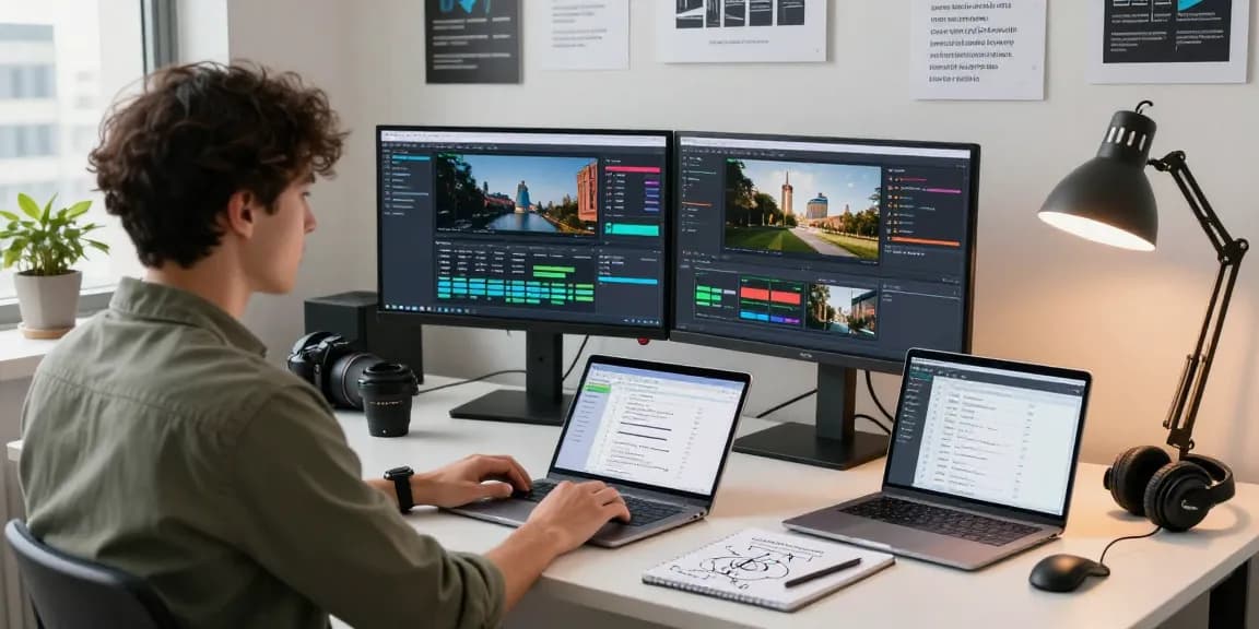 Advanced AI image detector workspace with dual monitors analyzing content moderation data.