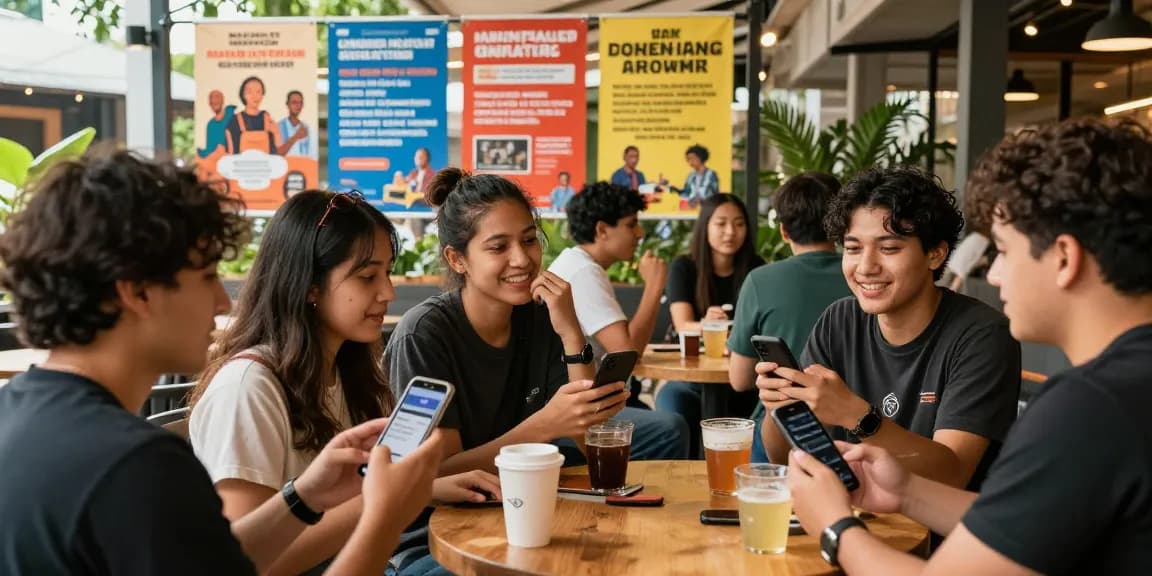 Komunitas berkumpul sambil berbincang tentang Leci123 di kafe lokal.