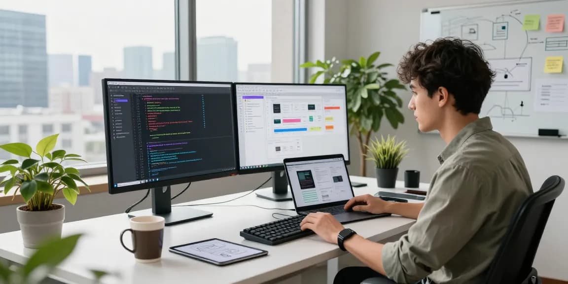 Developer coding at modern workspace featuring dual monitors, showcasing telegraimin.com project management.