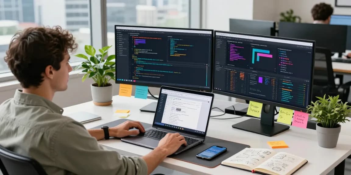 Build internal tools with AI in a modern software development workspace featuring coding activities and collaborative elements.