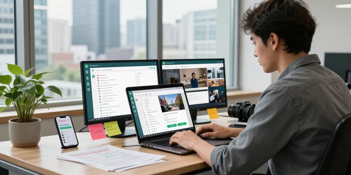 Using WhatsApp網頁版 on a laptop in a modern office space with vibrant city views.