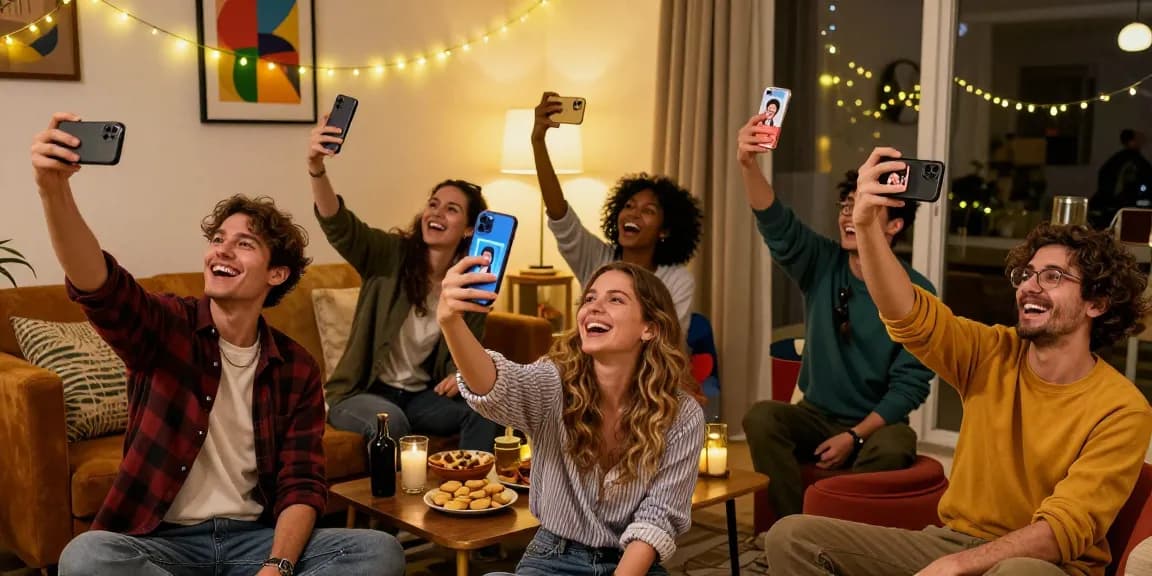 Friends enjoying a fun night comparing celebrity look alike matches via facial recognition app.