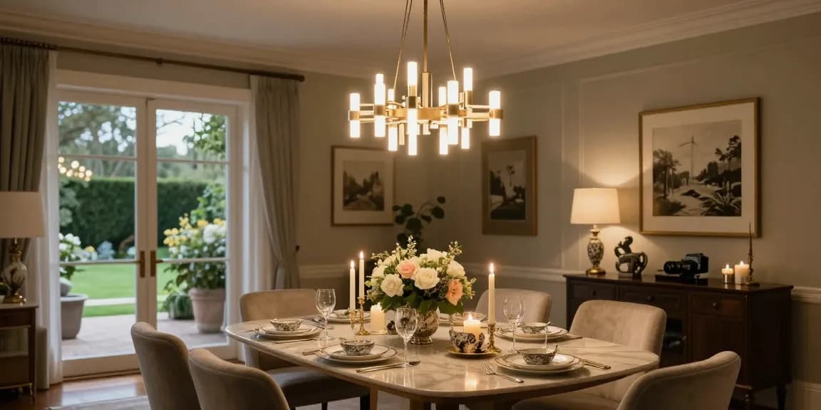 Candelabru modern elegant suspendat într-un living sofisticat, iluminând masa de dining pentru o cină rafinată.