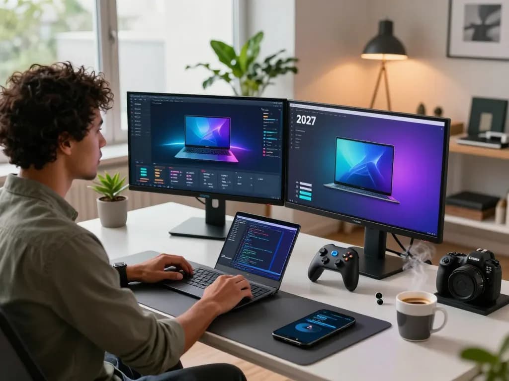 Explore the latest tech gadgets 2027 in a modern home office setup showcasing innovative Bluetooth devices and smart technology.
