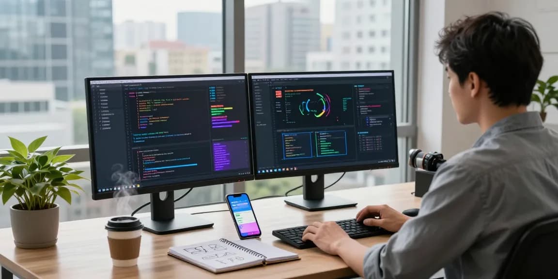 快连 software developer focusing on code at a well-lit workstation with dual monitors in a modern office.