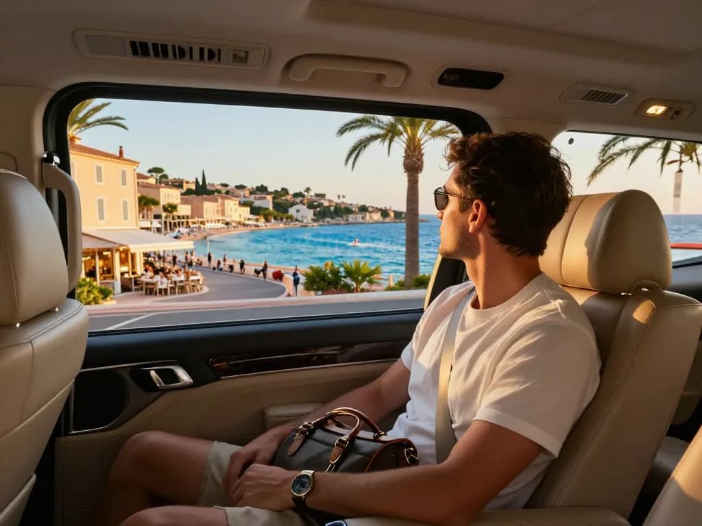 Intérieur de Taxi Saint-Tropez avec un voyageur appréciant les vues côtières, véhicule haut de gamme, éclairage de l'heure dorée.