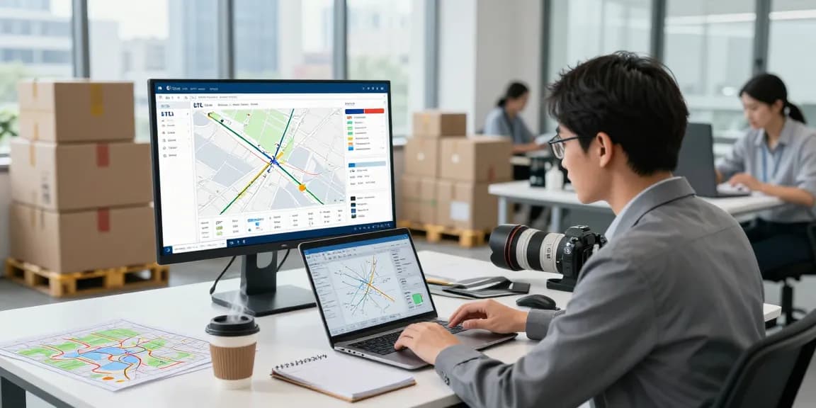 LTL Transport Dortmund: Effizientes Logistikbüro mit Transportmanager, der Versandsdaten prüft.