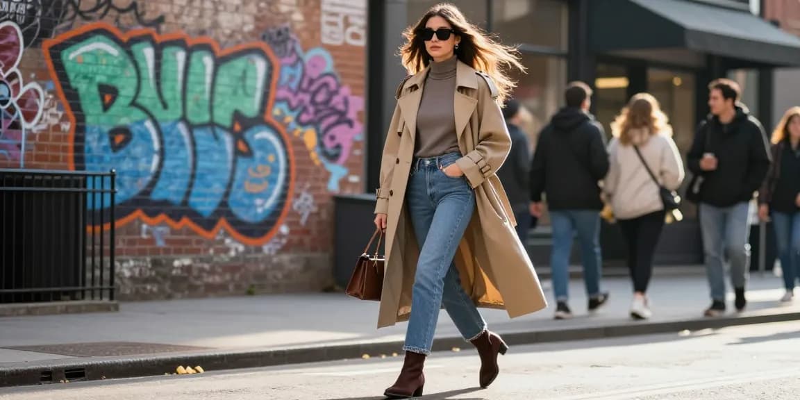 Stylish young woman in women's fashion outfit confidently walking in an urban setting.