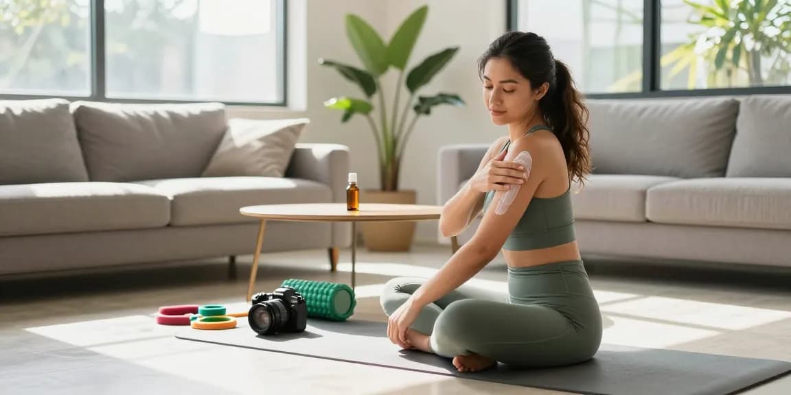 oficiální Ministry of Cannabis CBD oil on table beside athlete applying topical cream in recovery