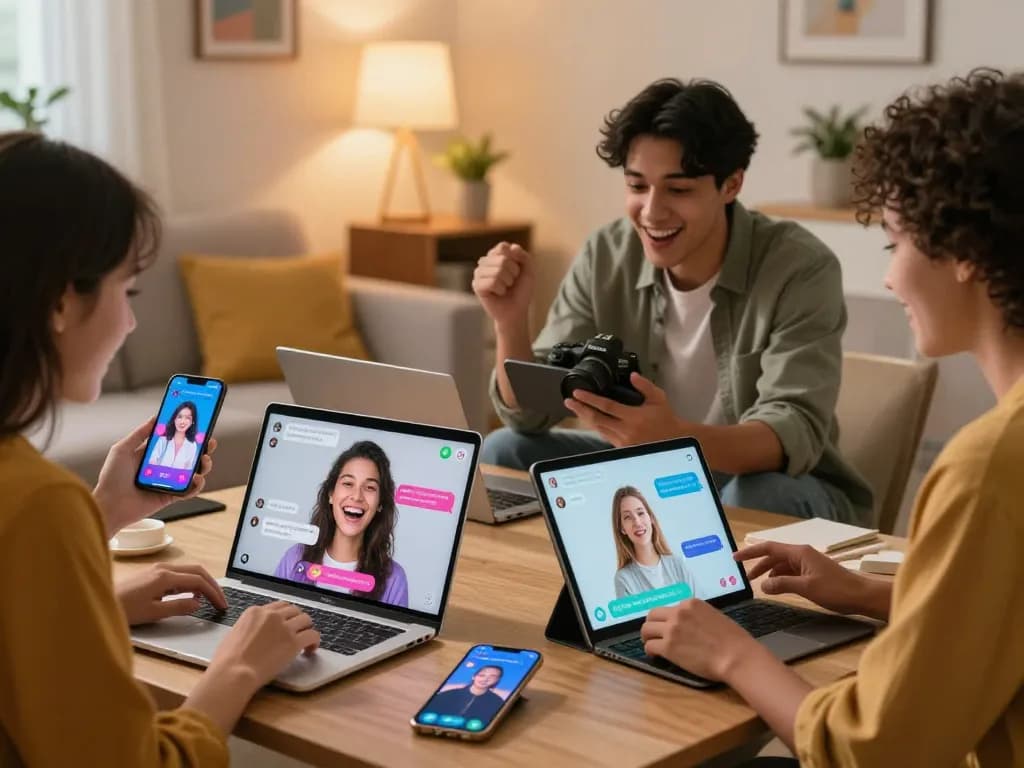 Users enjoying memorable interactions with their ai gf through digital devices in a cozy living room.