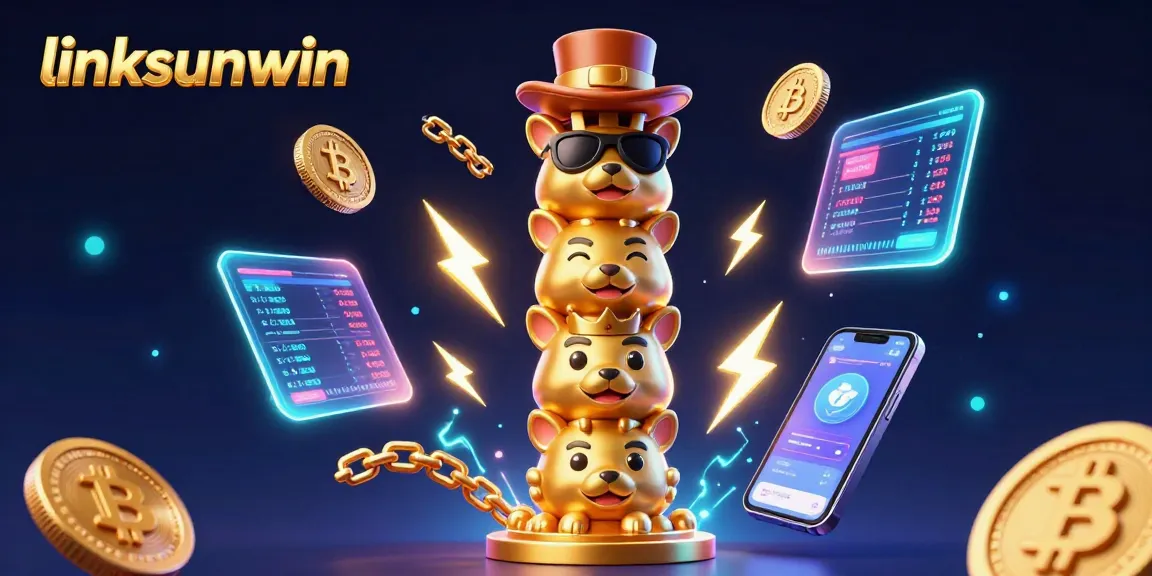 Engage with linksunwin's vibrant illustrated scene of a golden totem pole amidst crypto gaming elements.