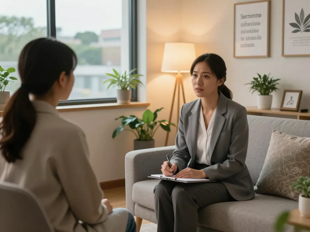 Compassionate psychiatrist discussing 抑鬱症 with a patient in a serene therapy room, promoting mental health awareness.