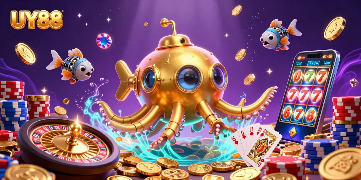 Experience thrilling wins at UY88 with a vibrant underwater casino scene featuring golden kraken and treasures.