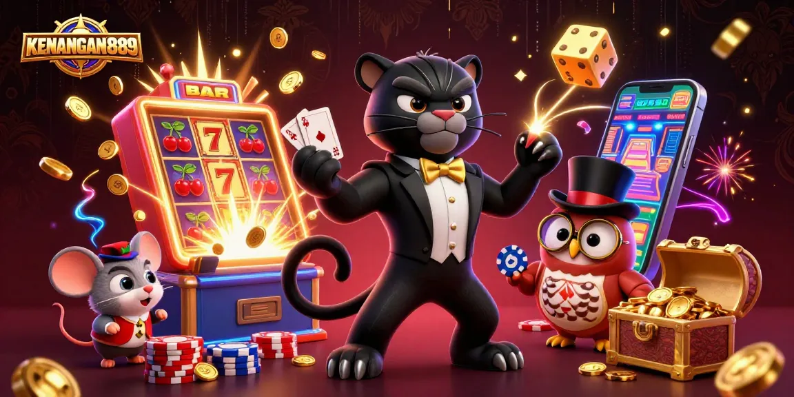 Experience the excitement with KENANGAN889's vibrant casino scene featuring characters and game elements.