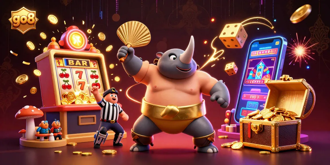 Experience thrilling action at go8 casino with a dynamic illustration of a sumo beetle champion amidst a jackpot explosion.