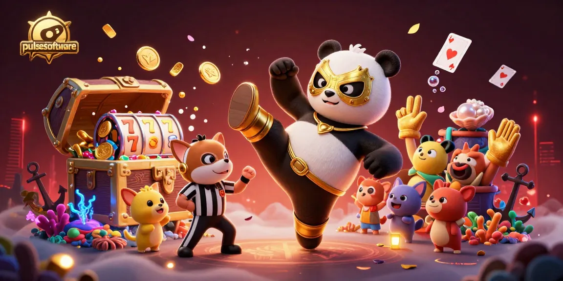 Pulsesoftware showcases a vibrant 3D casino scene with a wrestler panda and cheering animal spectators.