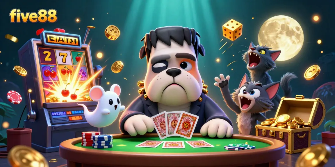 Engage with five88's thrilling casino scene featuring a humorous 3D cartoon bulldog and magical elements.