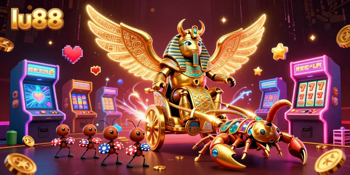 Experience thrilling gameplay at lu88 with a colossal golden scarab beetle in an immersive 3D casino scene.