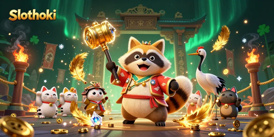 Slothoki, tanuki bahagia di festival Jepang memegang palu keberuntungan dalam suasana penuh kemenangan.