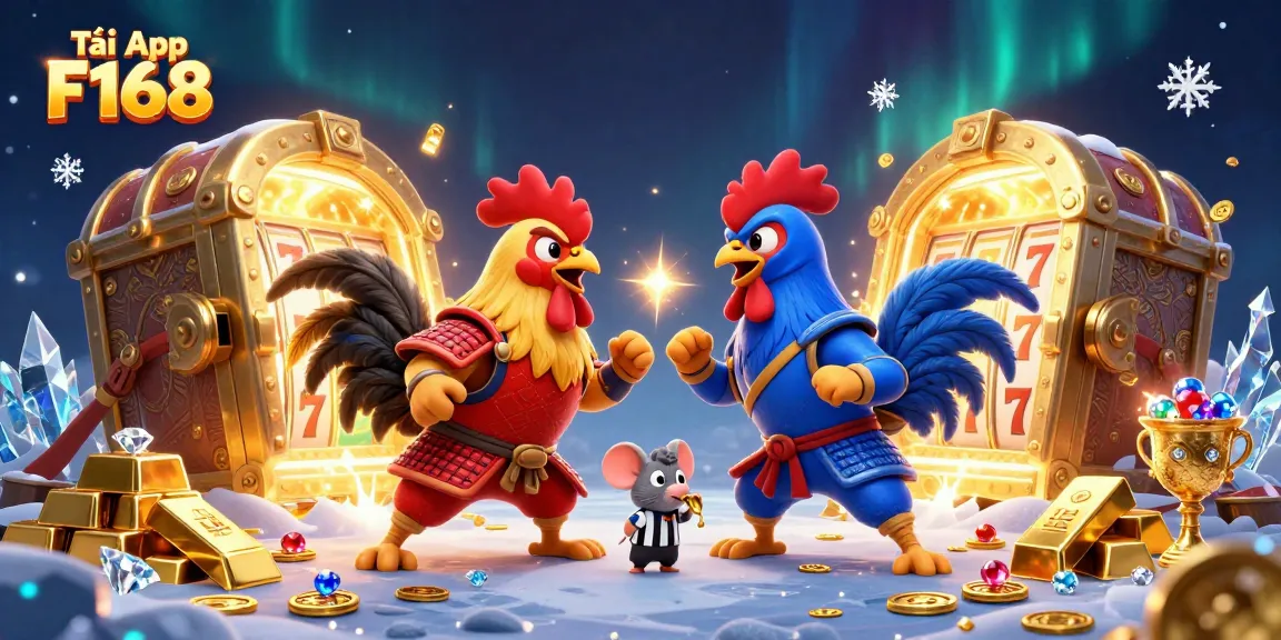 Tải App F168 to join a thrilling showdown in this rich casino-themed 3D digital illustration featuring fighting roosters.