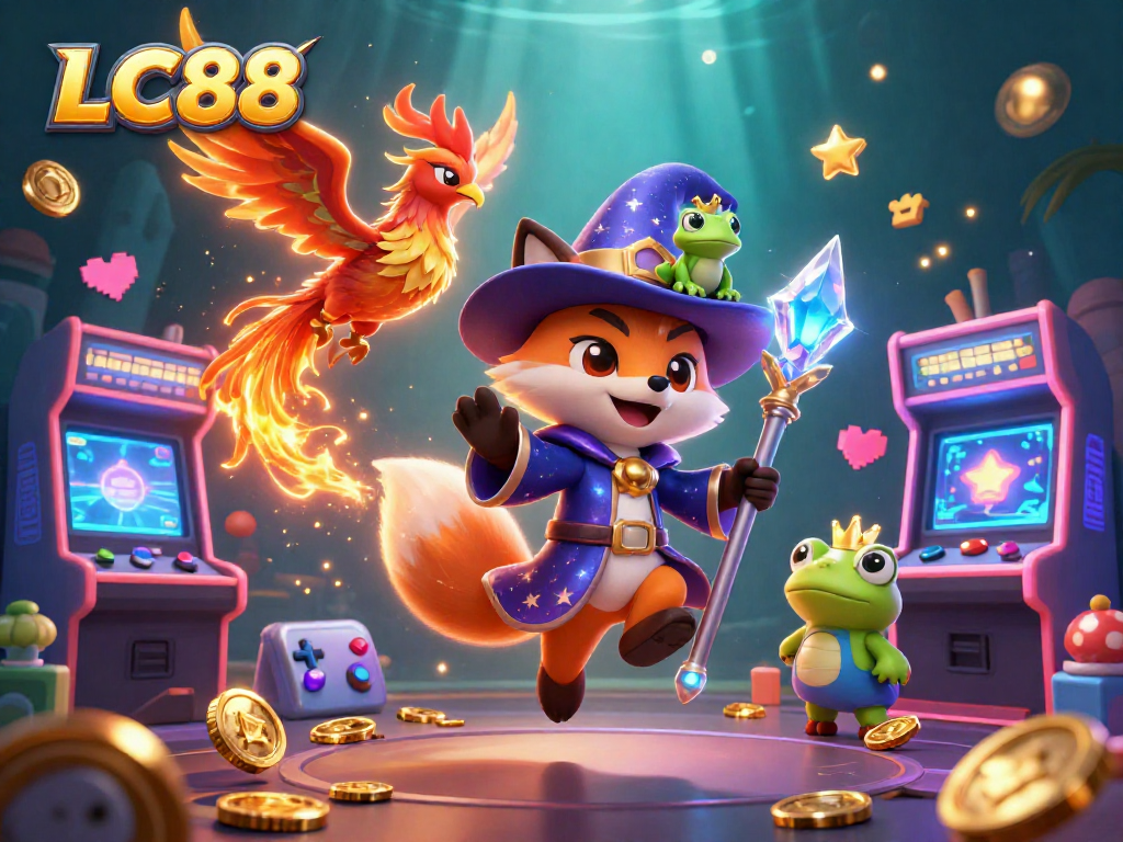 Engage with LC88's vibrant gaming scene featuring a wizard fox, phoenix, and enchanting casino elements.