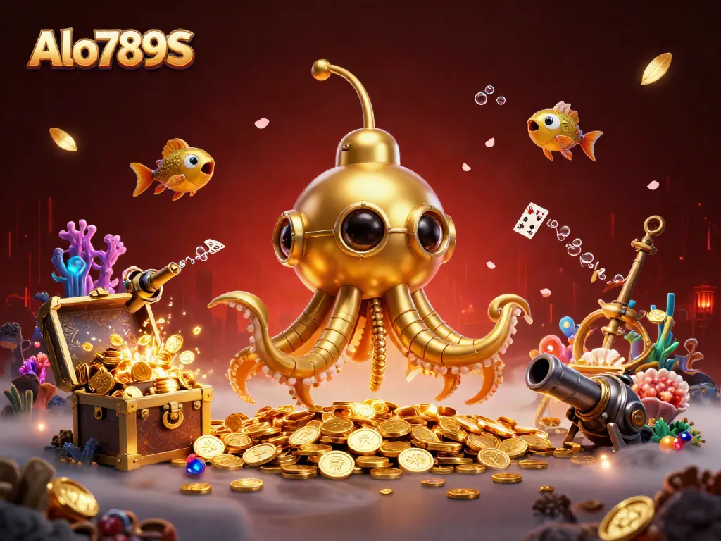 Alo789S showcases an exciting underwater casino world with a golden kraken submarine and treasure, creating a gambling adventure.