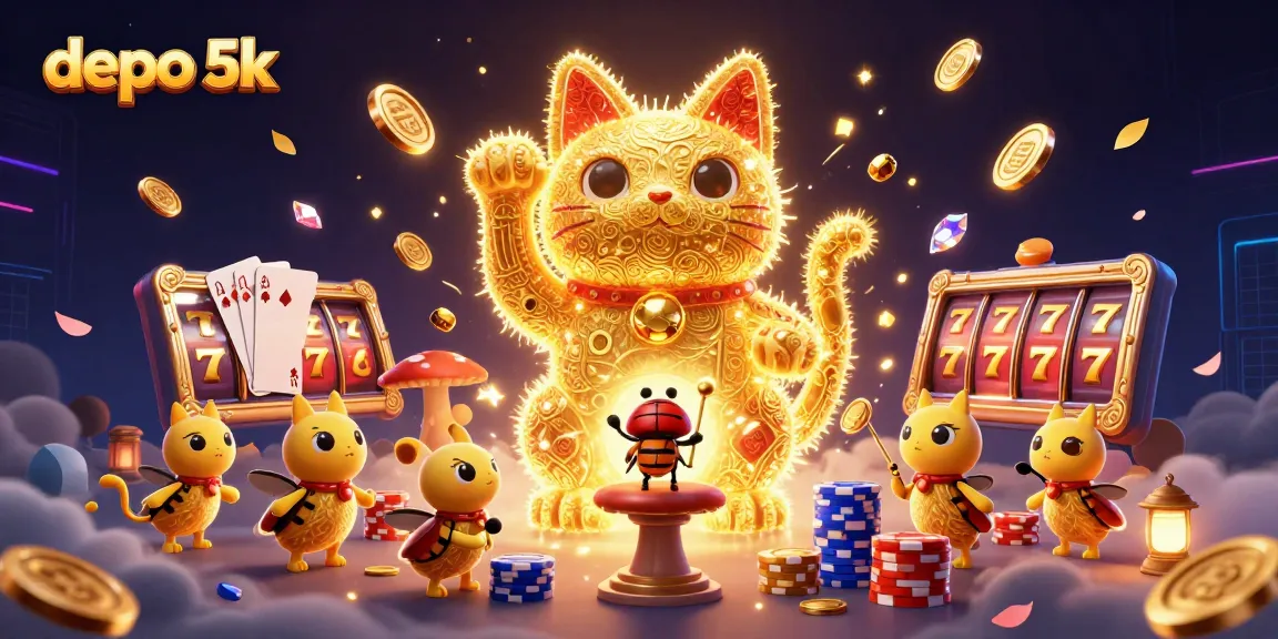 Experience the thrill to win with depo 5k, a vibrant 3D illustration filled with casino elements.