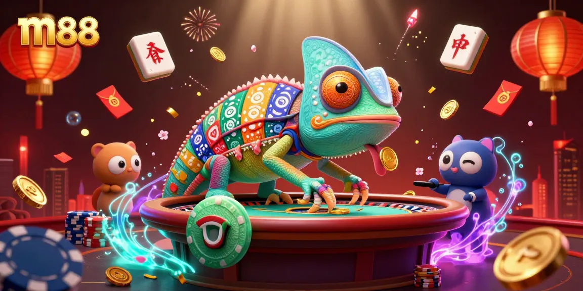 Experience the vibrant m88 casino scene with a playful chameleon and dynamic gaming elements.