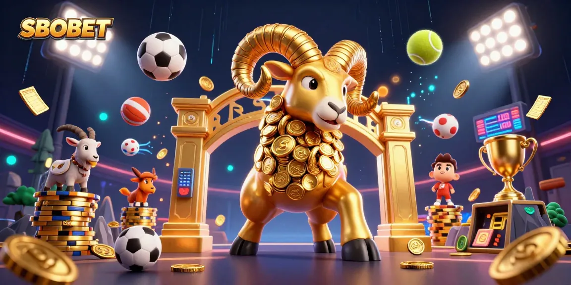 SBOBET engages players with dynamic sports betting action showcasing a golden ram charging through a vibrant casino scene.