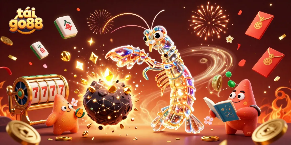 Tải go88 features colorful animation with a galactic shrimp and celebratory symbols in a casino setting.