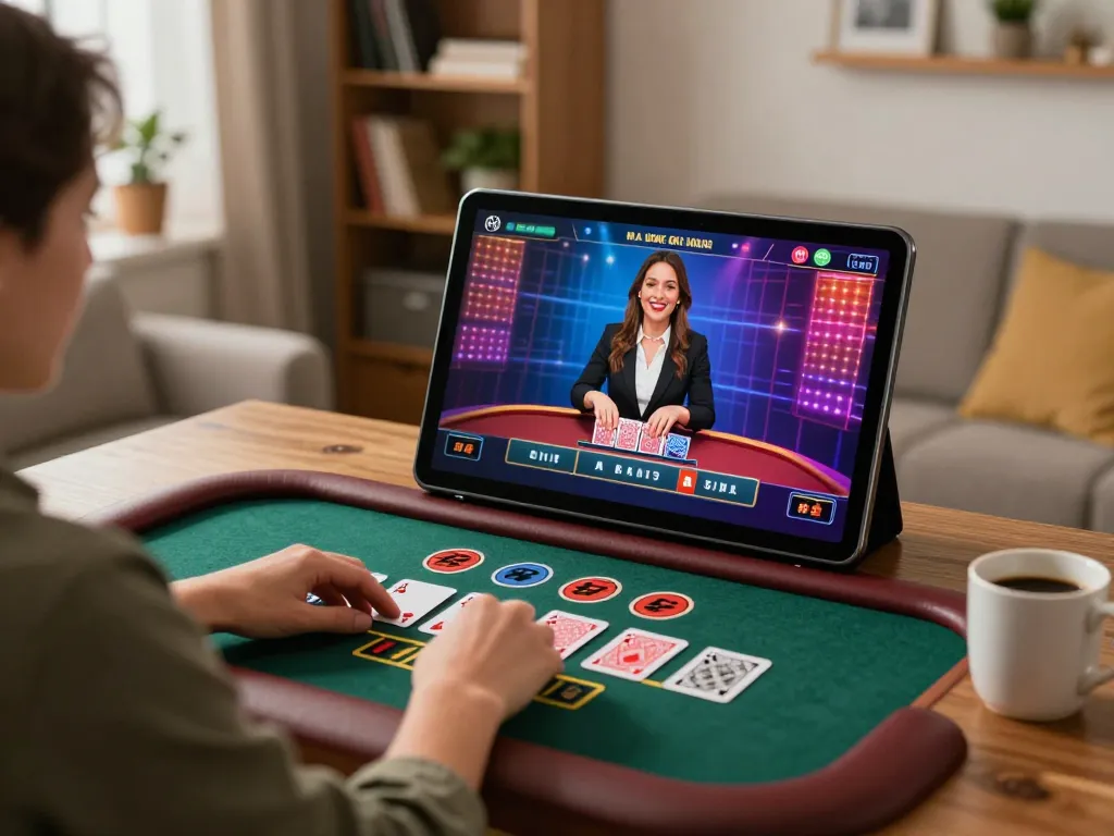 Player engages in blackjack online at home using tablet, highlighting strategic gameplay with 789 casino.
