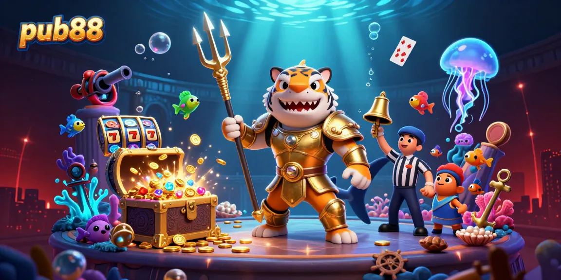 Engage with pub88's thrilling underwater casino scene featuring a tiger shark and vibrant game elements.
