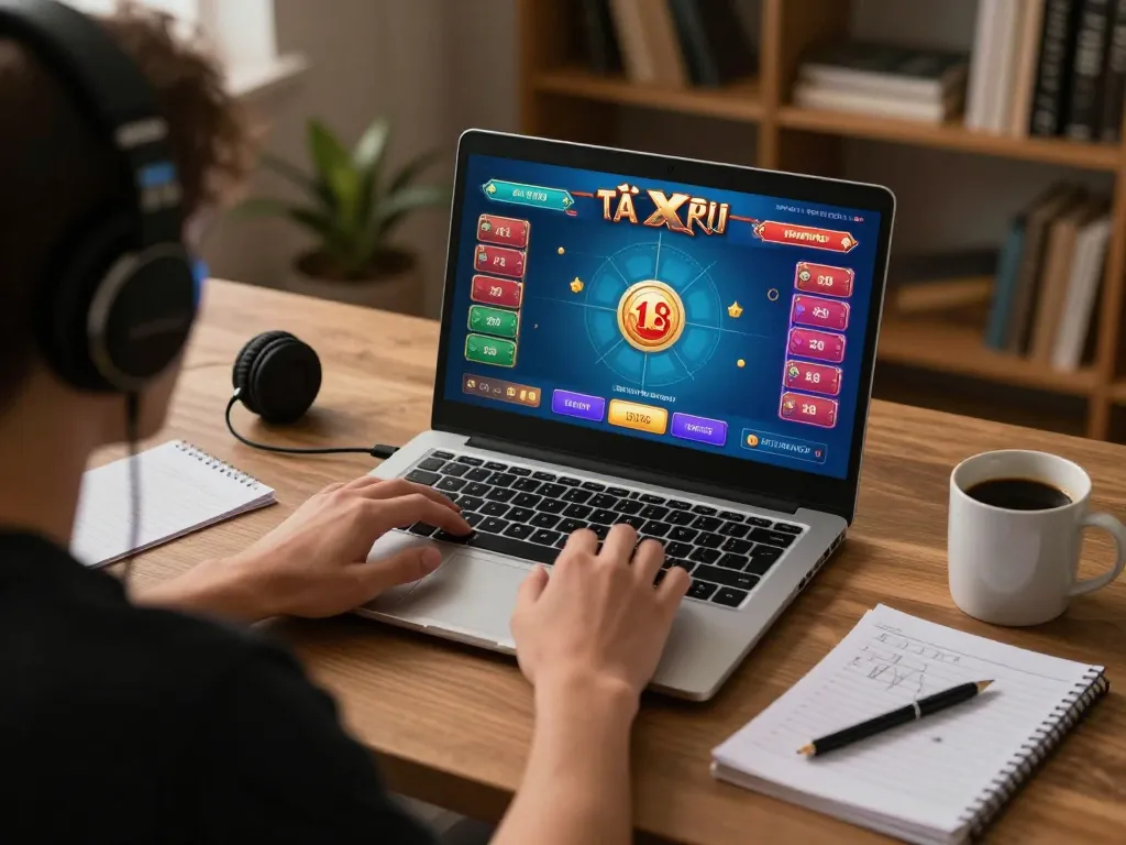 Tài xỉu online gaming setup showing user engaged in strategic betting actions on laptop in cozy environment