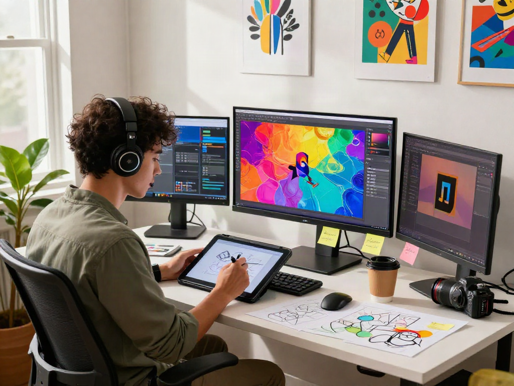 Graphic designer creating stunning visuals with image to image ai in a vibrant studio