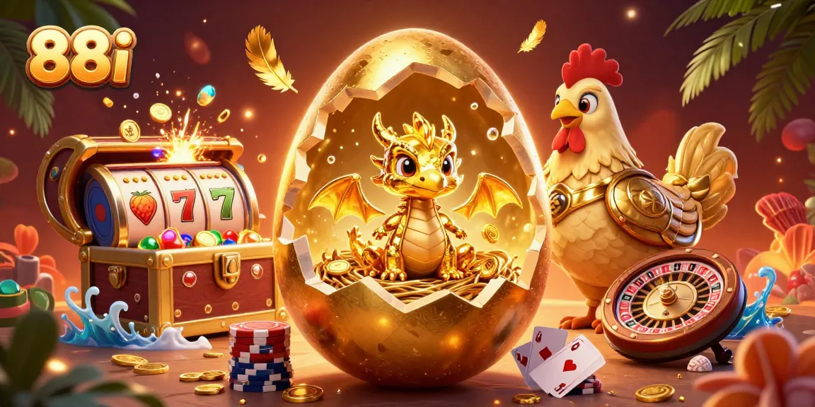 88i shines with a golden dragon amidst poker chips and slot reels in a vibrant casino scene.