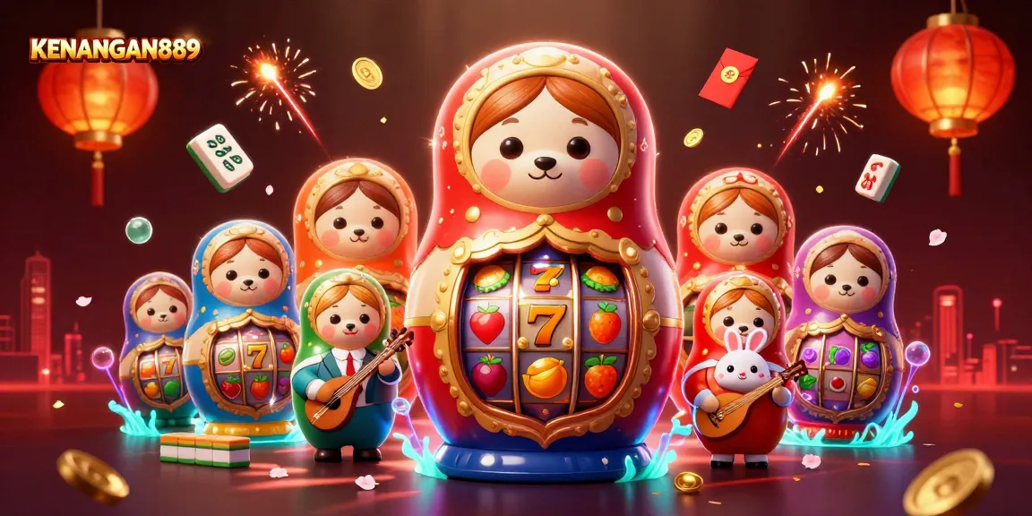 KENANGAN889 invites players to win with vibrant slot reels and dynamic casino scenes in this lively illustration.