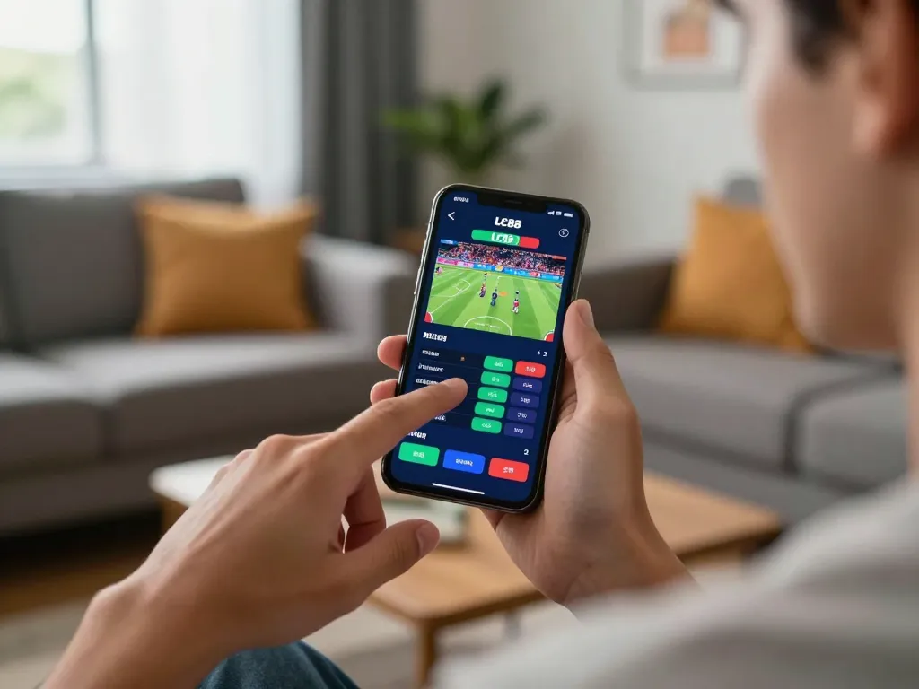 Player placing strategic bets on the LC88 mobile sports betting app in a cozy living room